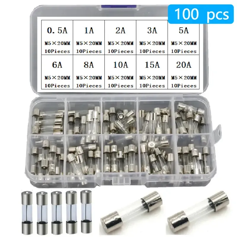 Auto 100pcs/set 5x20mm Quick Blow Glass Tube Fuse Assorted