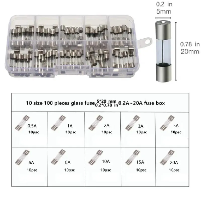 Auto 100pcs/set 5x20mm Quick Blow Glass Tube Fuse Assorted