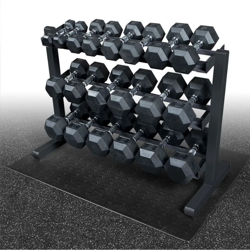 Body Solid Rubber Hex Dumbbell 5-50lb Package with Rack & Floor Mat
