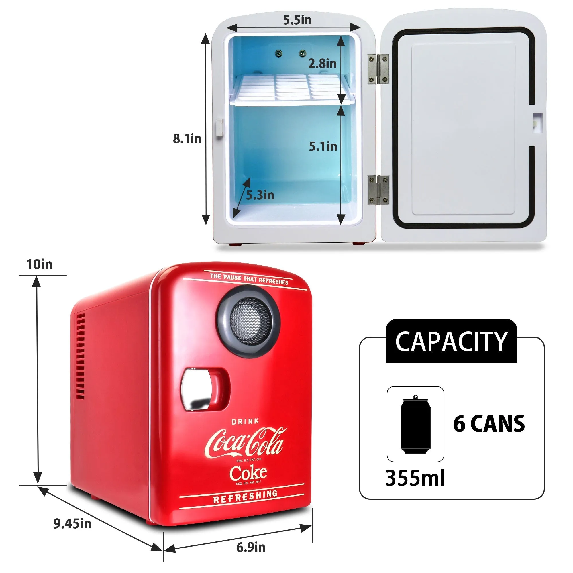 Coca-Cola 4L Cooler/Warmer w/ Bluetooth Speaker, Includes 12V DC and 110V AC Cords, 6 Can Portable Mini Fridge w/ Built-In Wireless Speaker, Unique Desk Accessory for Home Office Dorm, Red