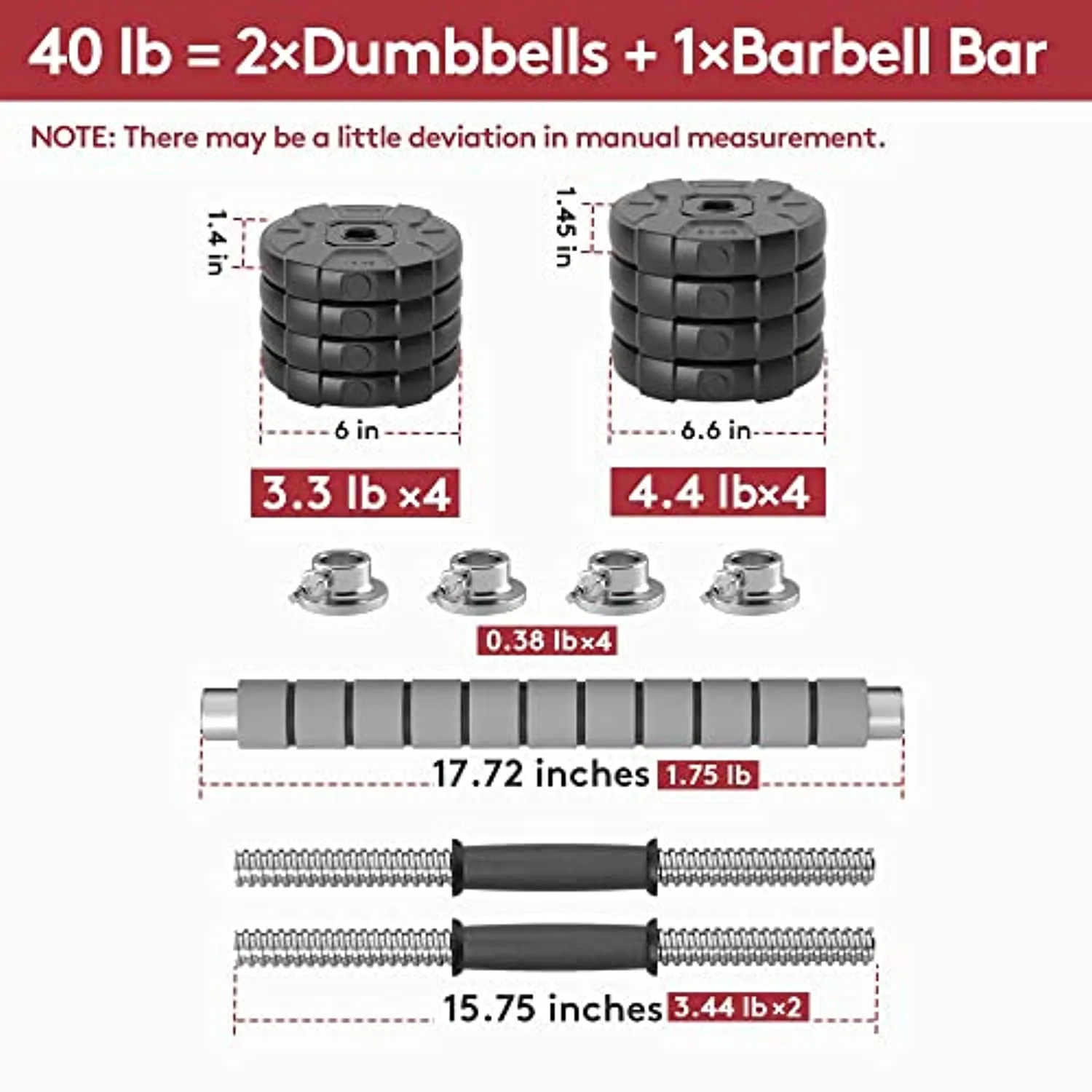 RUNWE Adjustable Weight Dumbbells Set - 40 50 70 90 100 lbs Free Weight Barbell Set at Home/Office/Gym Fitness Workout Exercises Training for Men/Women/Beginner/Pro
