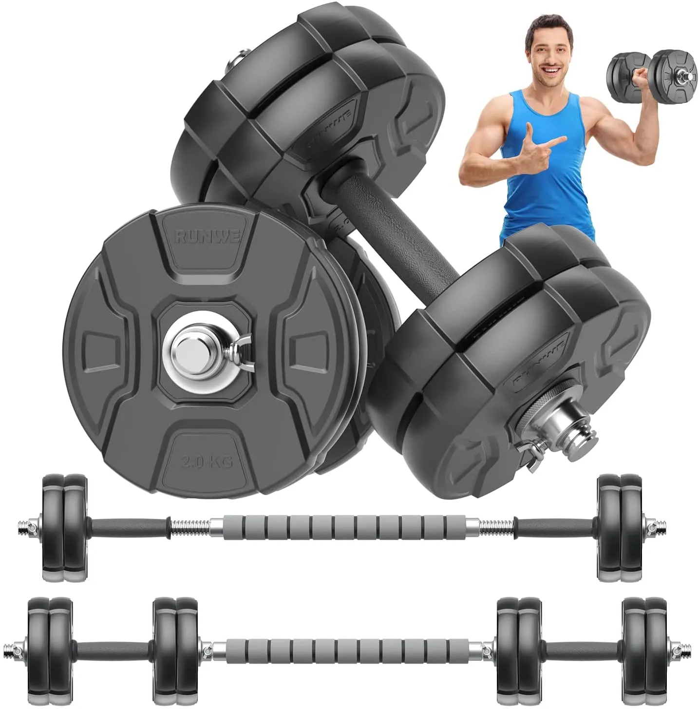 RUNWE Adjustable Weight Dumbbells Set - 40 50 70 90 100 lbs Free Weight Barbell Set at Home/Office/Gym Fitness Workout Exercises Training for Men/Women/Beginner/Pro