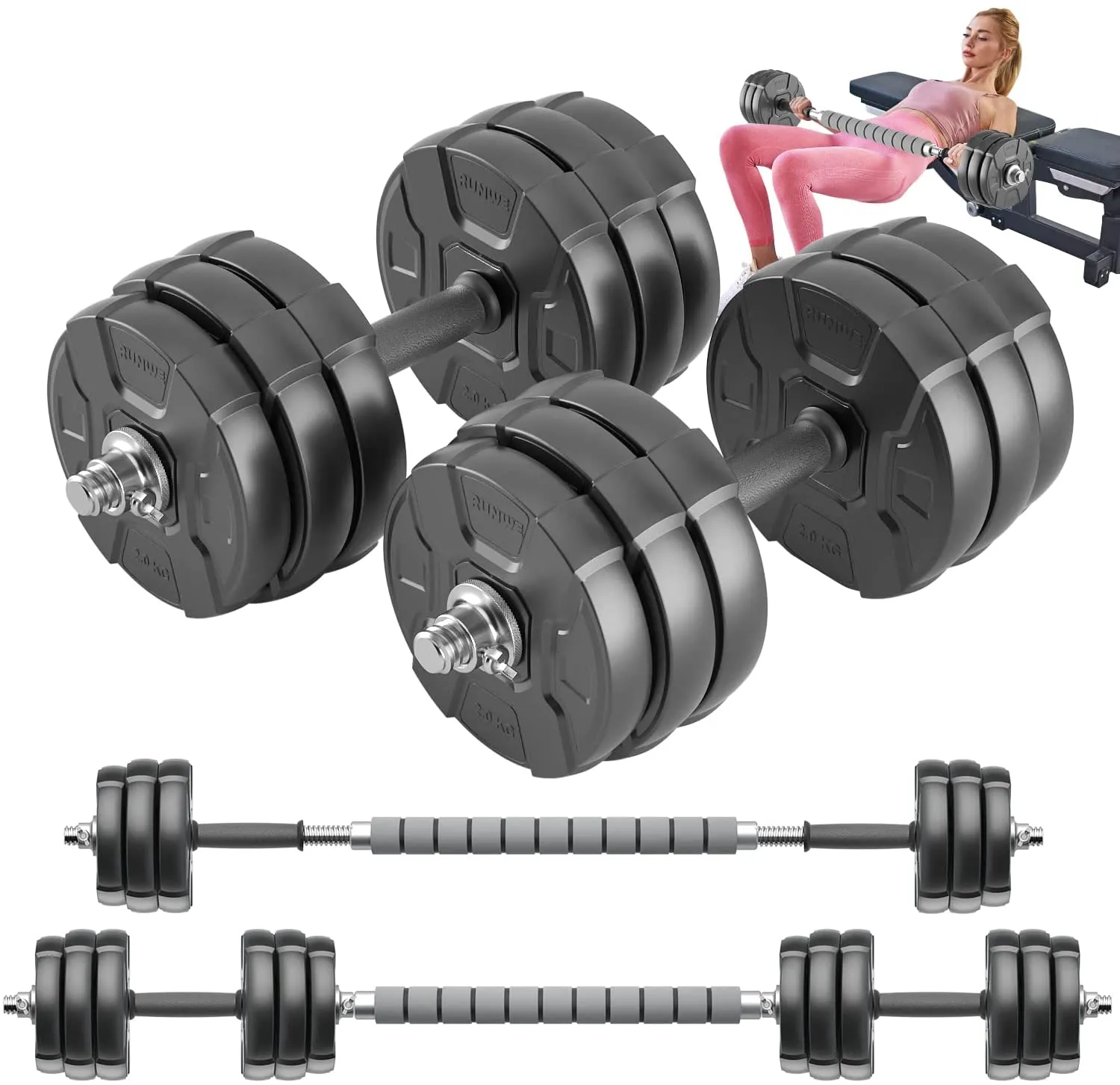 RUNWE Adjustable Weight Dumbbells Set - 40 50 70 90 100 lbs Free Weight Barbell Set at Home/Office/Gym Fitness Workout Exercises Training for Men/Women/Beginner/Pro