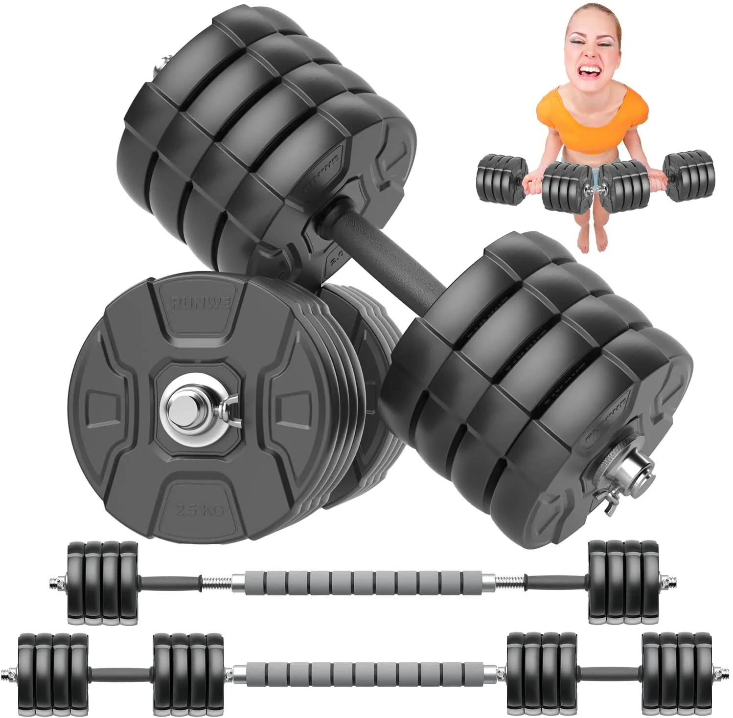 RUNWE Adjustable Weight Dumbbells Set - 40 50 70 90 100 lbs Free Weight Barbell Set at Home/Office/Gym Fitness Workout Exercises Training for Men/Women/Beginner/Pro