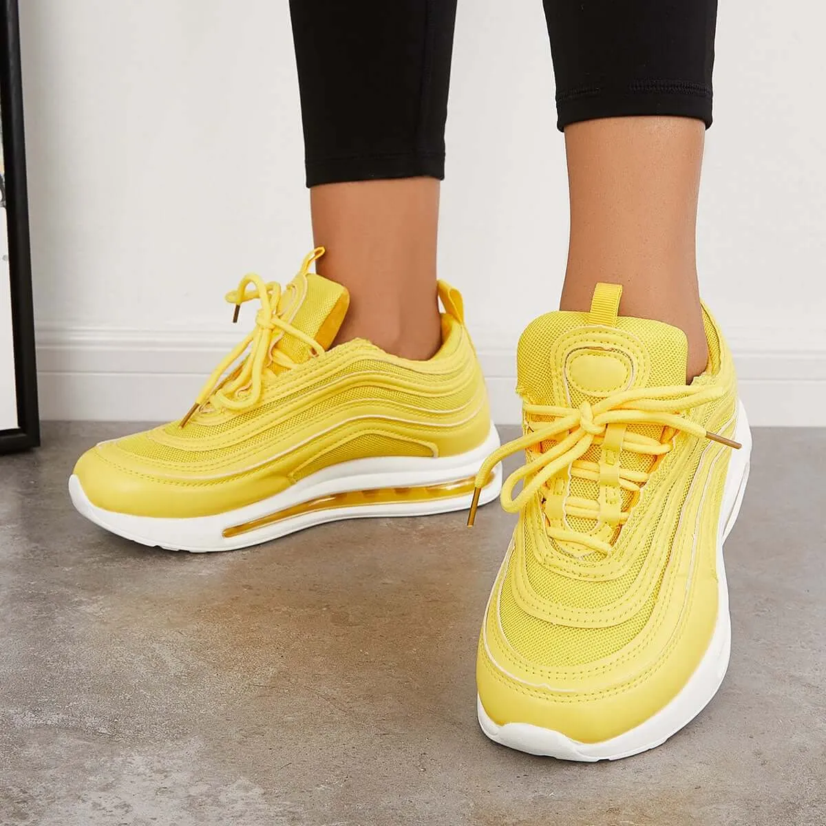 Sohiwoo  Women Yellow Sneakers Air Cushion Sneakers Breathable Running Shoes