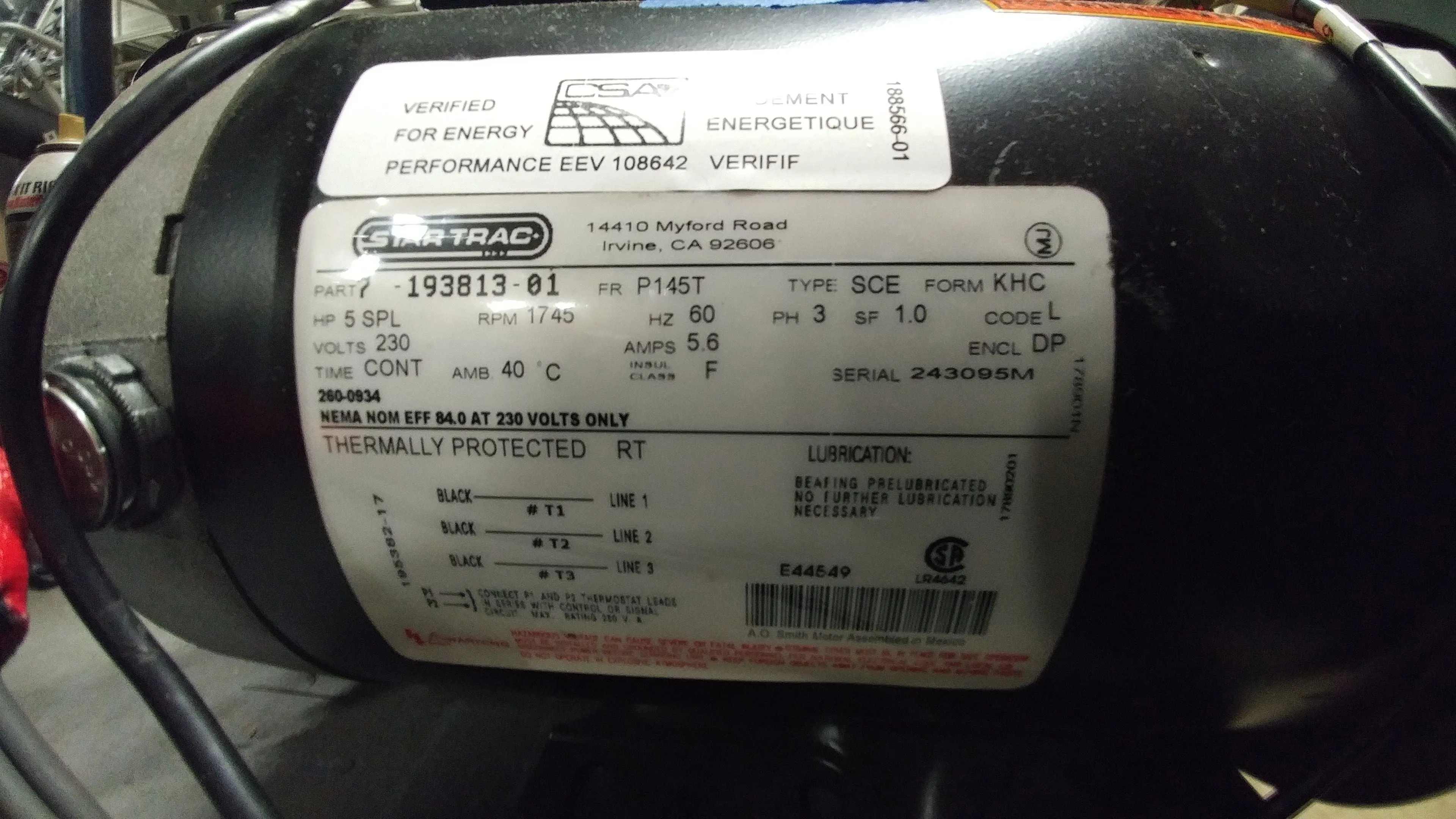STAR TRAC TREADMILL DRIVE MOTOR, 220V, 5HP, AC OEM# 260-0934