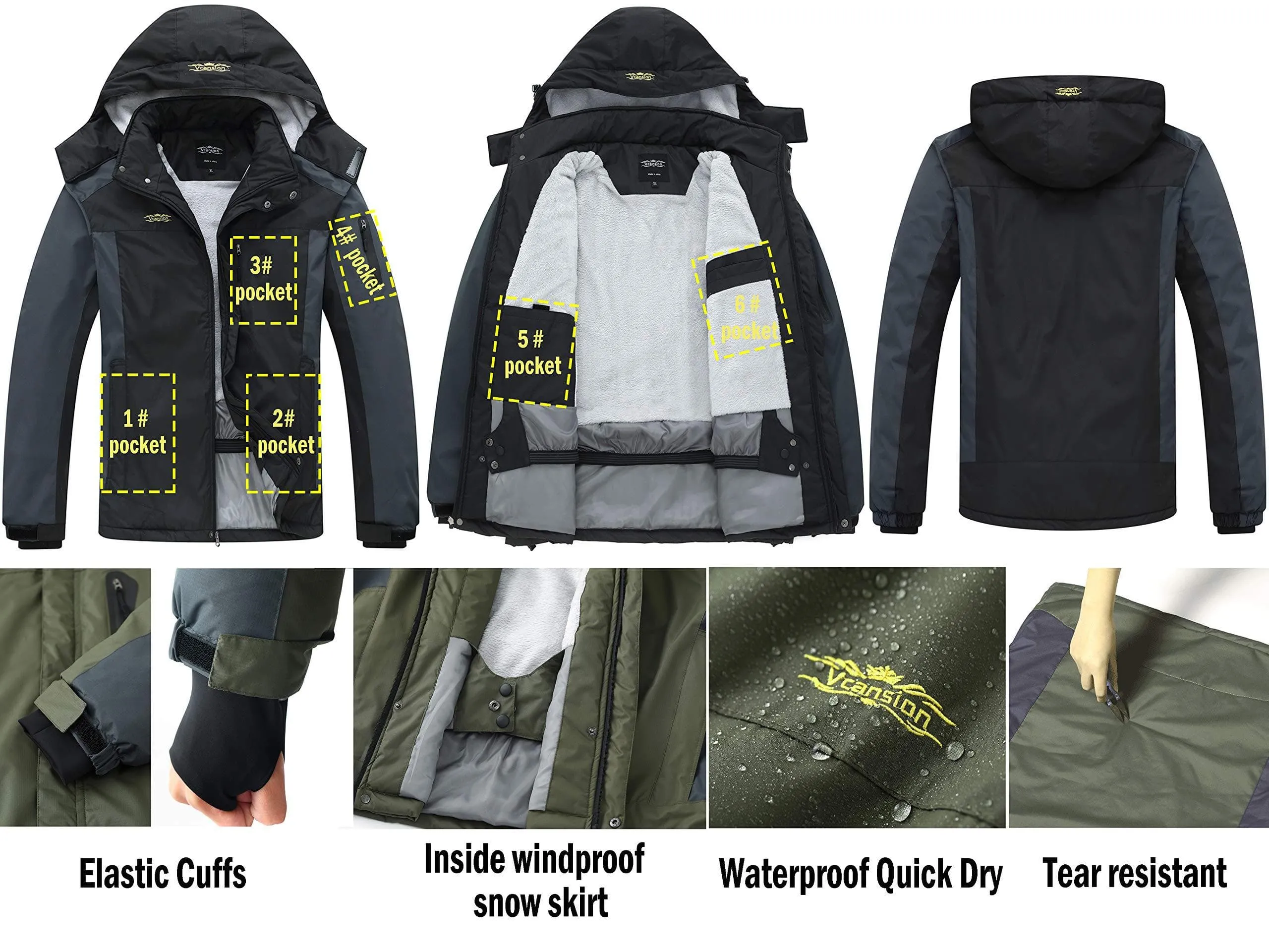 Vcansion Men's Waterproof Mountain Jacket Fleece Outerwear Windproof Ski Jacket Snow Jacket Raincoat Black L