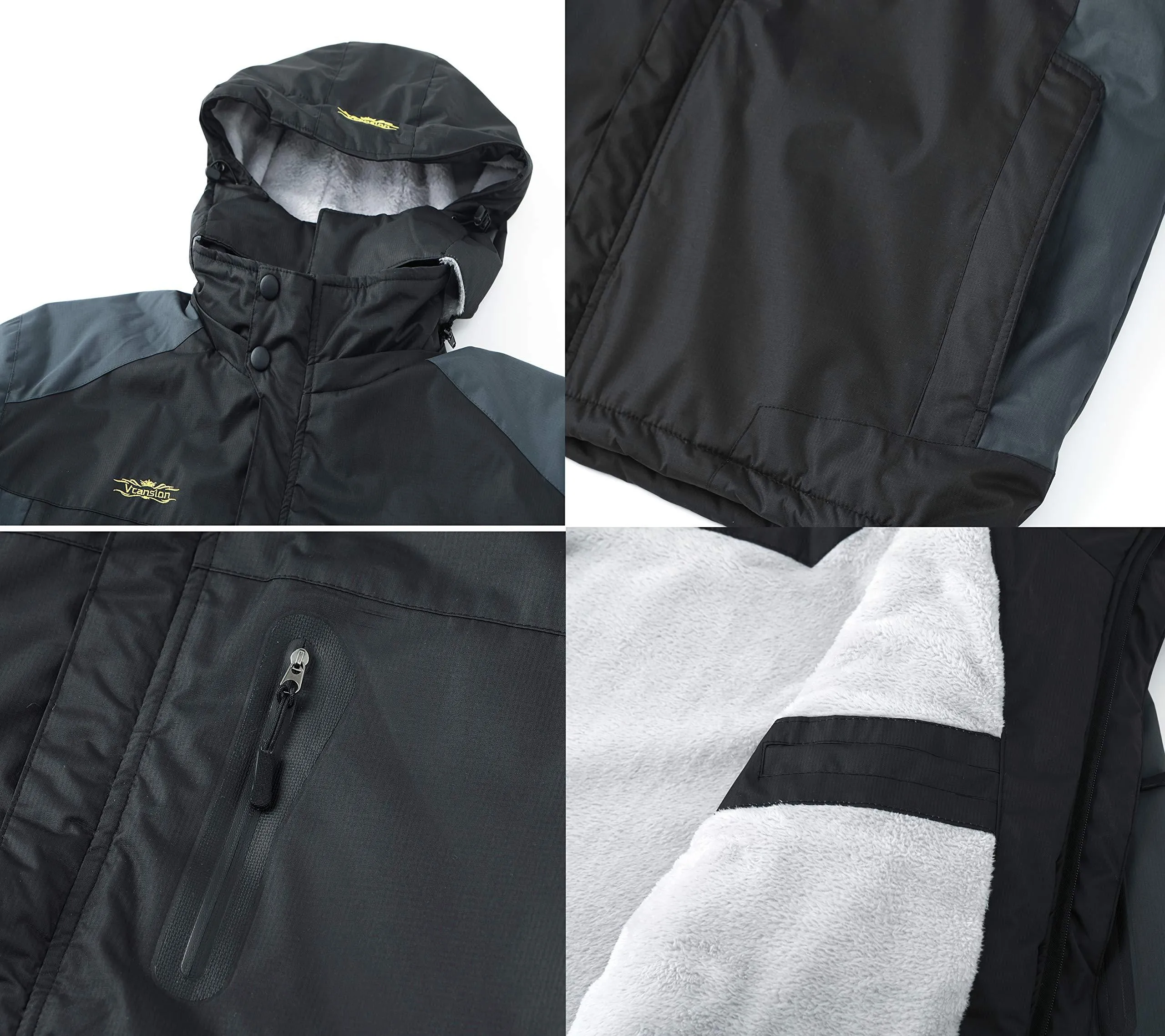 Vcansion Men's Waterproof Mountain Jacket Fleece Outerwear Windproof Ski Jacket Snow Jacket Raincoat Black L